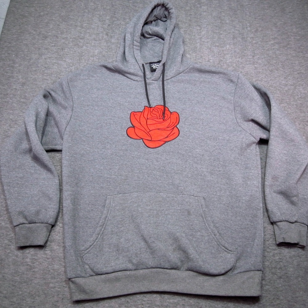 Original Deluxe Hoodie Mens Large Grey Rose Patch Pullover Graphic Streetwear
